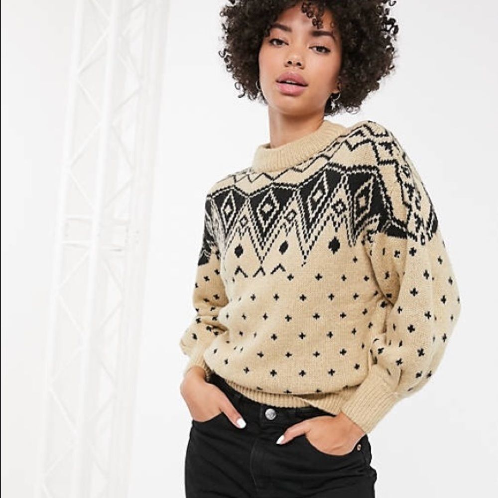 Monki Tan Black Patterned Loose Sleeves Sweater Size XXS